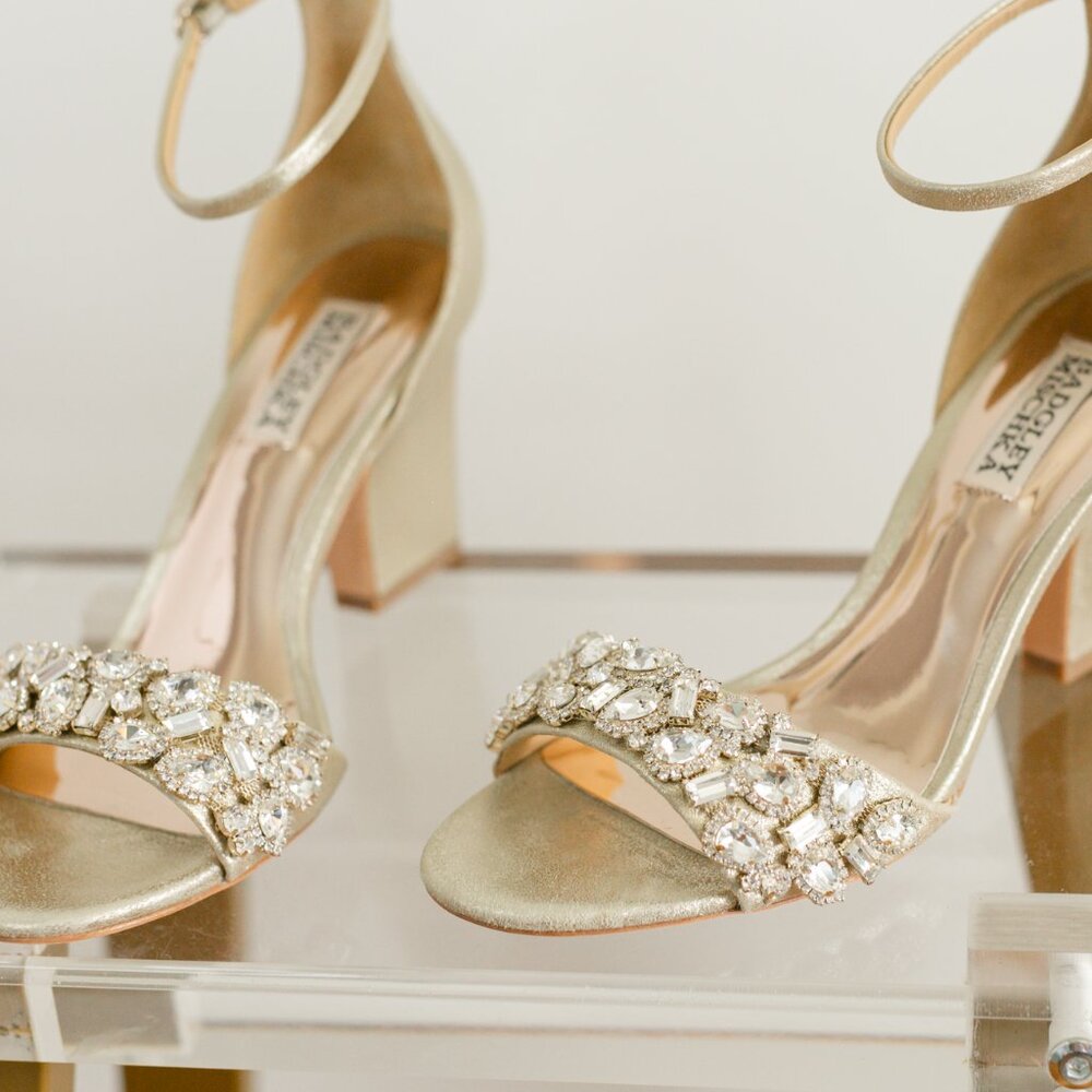 Badgley Mischka Laraine Plantino Gold Women's Leather Heels 7 Metallic Crystal - Picture 4 of 10